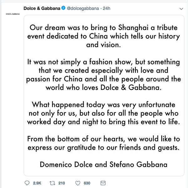 Why was a major fashion show of Dolce & Gabbana was cancelled in China?